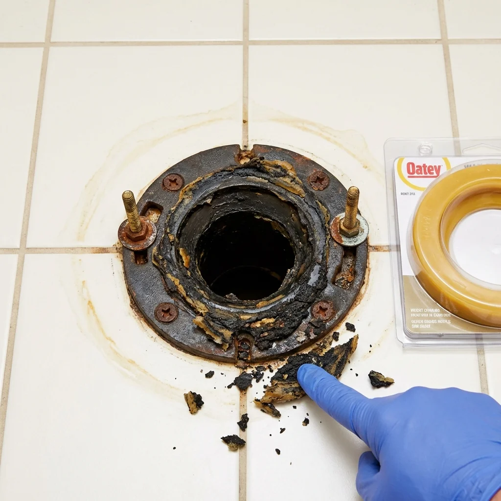Failed wax ring showing water seepage at the base of a toilet in a Piedmont, AL home