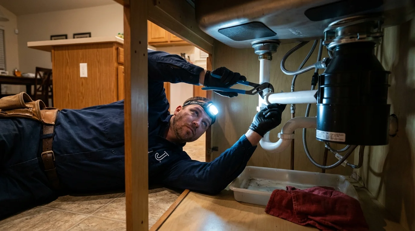 P-trap and supply line connections under a kitchen sink showing a common leak point in Piedmont, AL